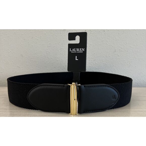 Lauren Ralph Lauren Wide Interlock Buckle Stretch Belt - Black/Gold Size Large - Picture 1 of 9
